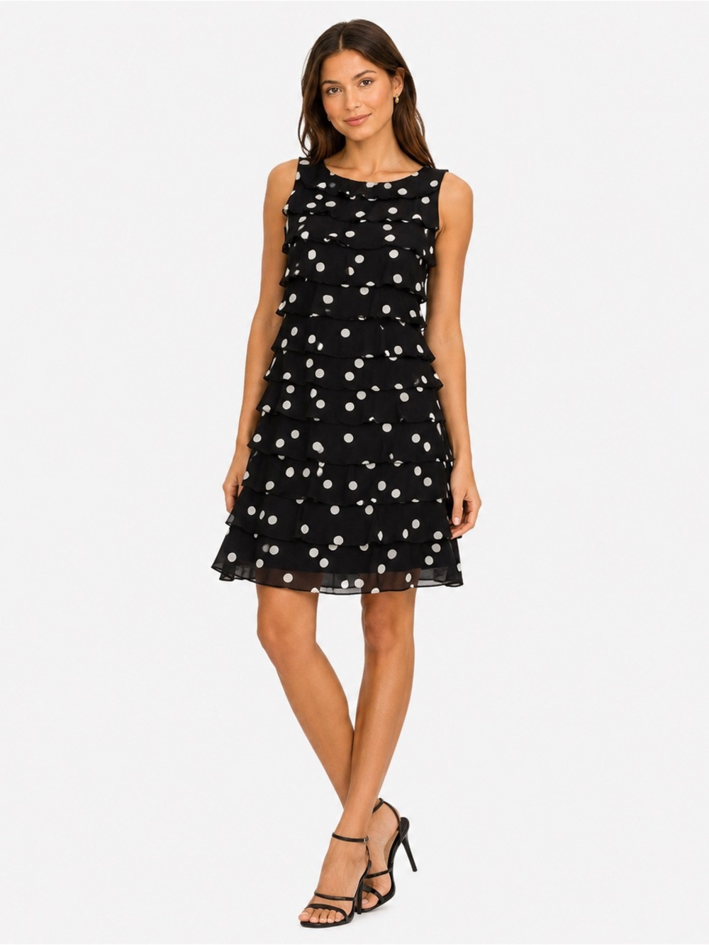 Adrianna Papell Black Dress White Polka Dot Woman Size 2 Ruffled Chic